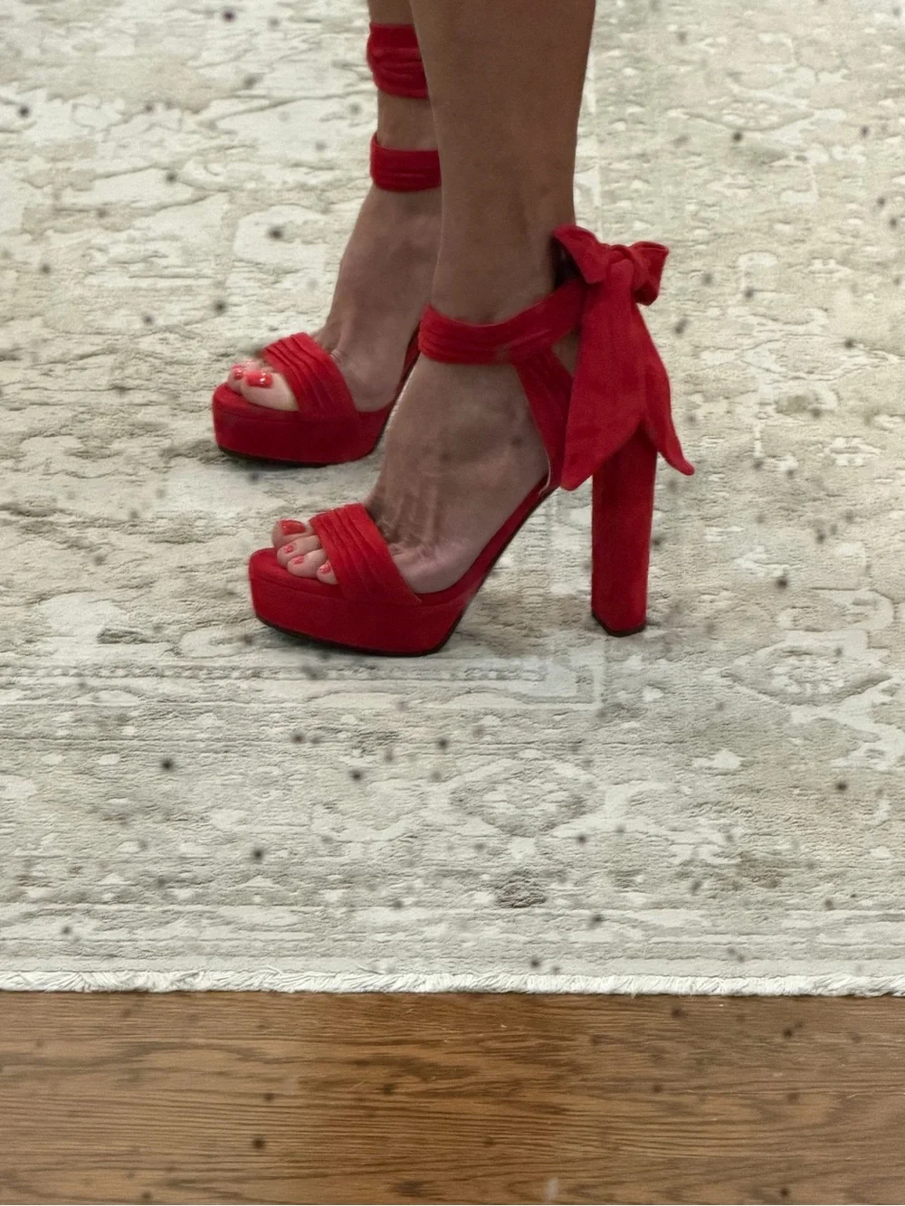 Jimmy Choo Red Soft Suede Kaytrin 120,5 inch Platform Block Heels with Ankle Bow